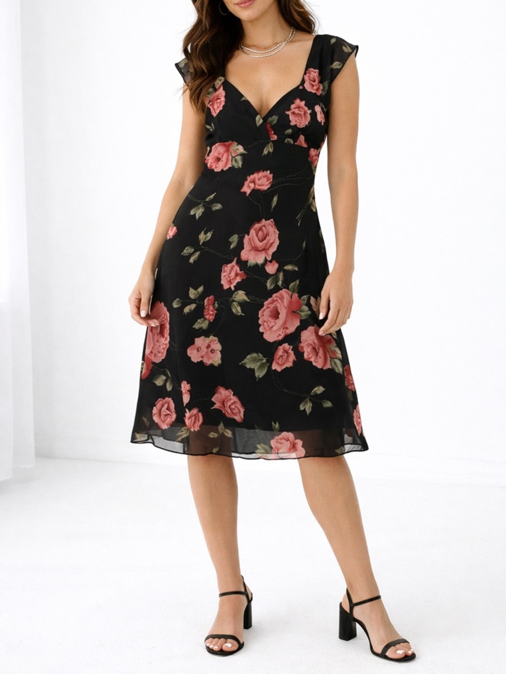 Vintage Floral Sheer Overlay Dress Black Pink Roses XL Slip Midi 90s Y2K